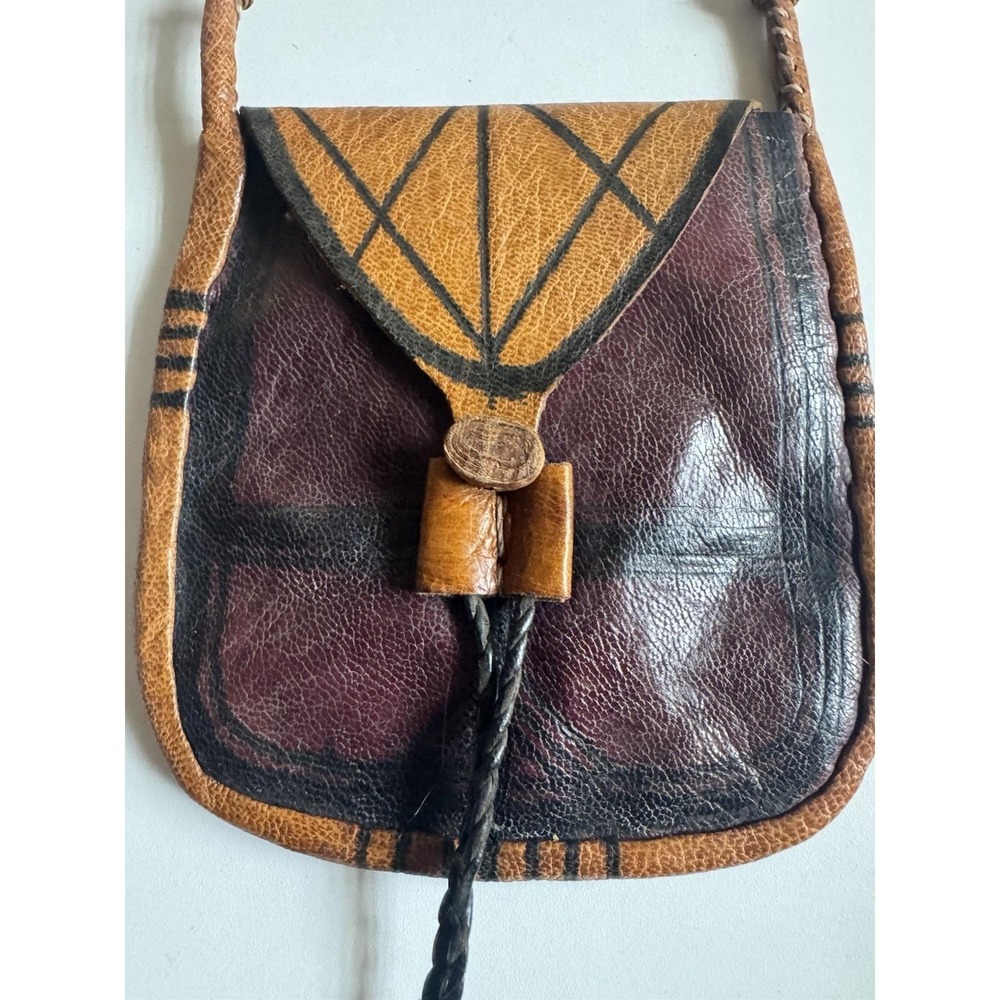 Vintage Handmade Girls Black & Brown Leather Crossbody Pouch W/Tassel Native